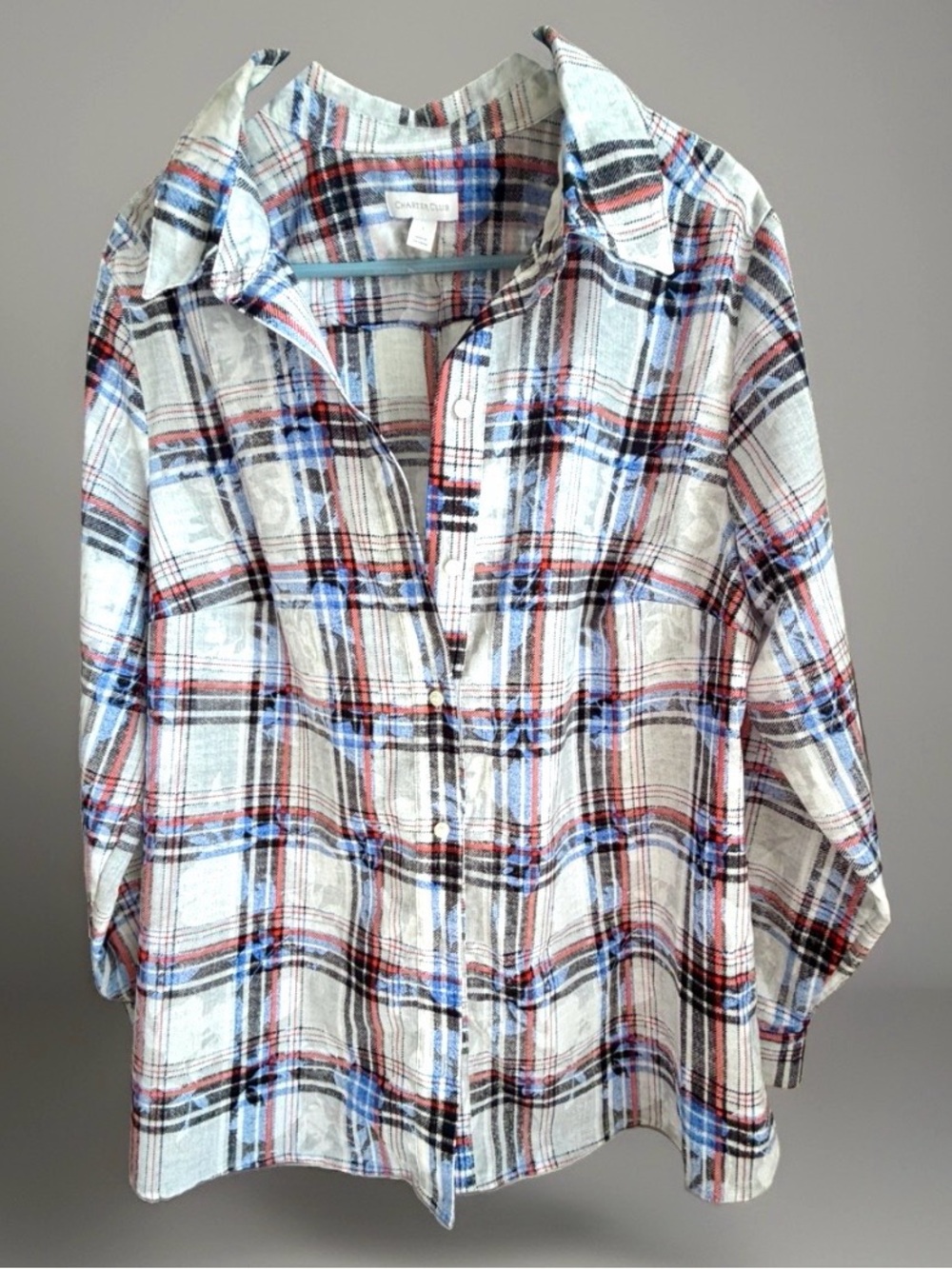 Charter Club Womens Plaid Button Down Long Sleeve Shirt Size L Colored White Red